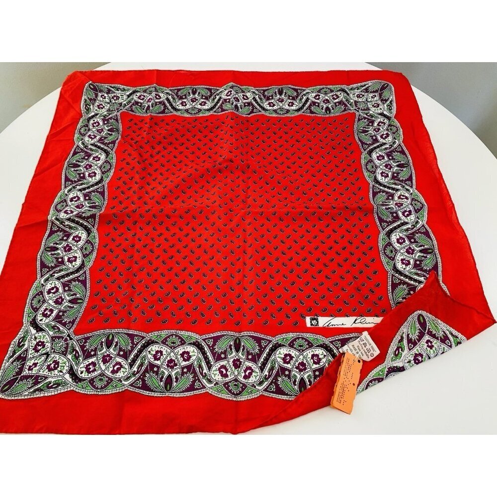 Vintage Anne Klein Red Paisley Cotton Scarf Made in Italy Deadstock 26' x 25"